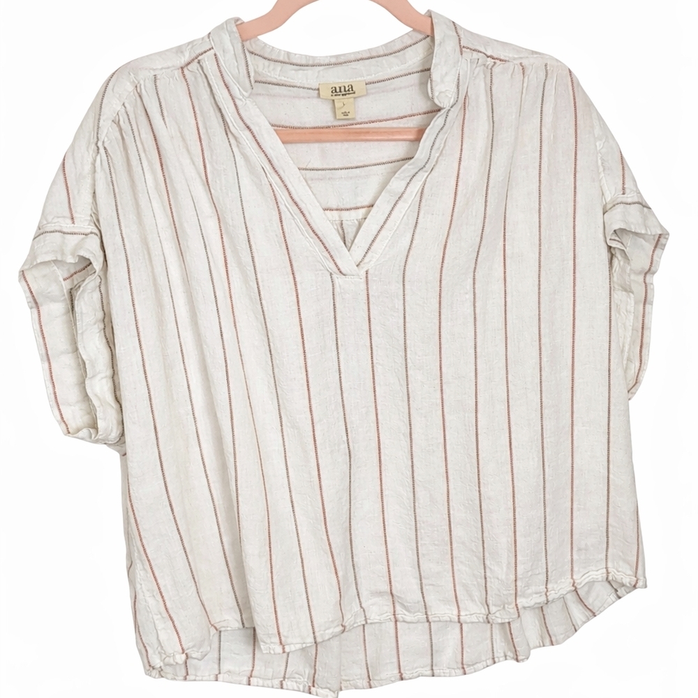 A.n.a V-Neck Short Sleeve Cropped Linen Pullover Top L